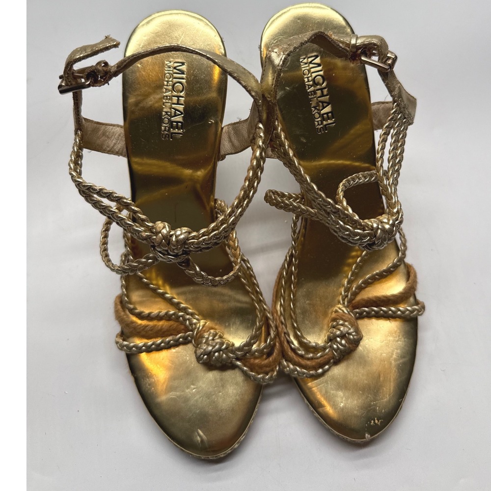 Michael Kors Gold Metallic Espadrille Wedge Sandals Leather Strappy 8M